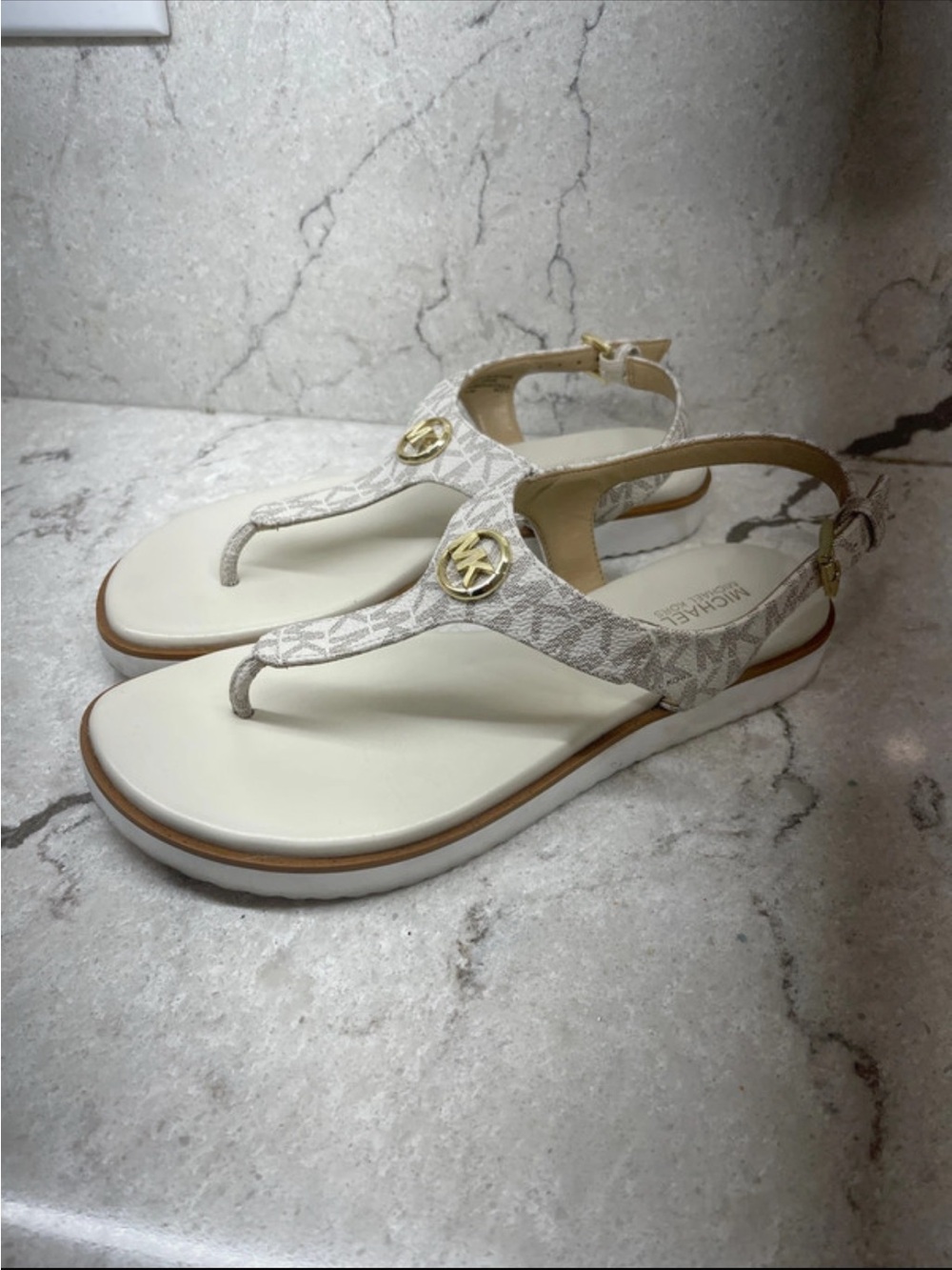 Michael Kors Cream Logo T-Strap Sandals with Gold Emblem